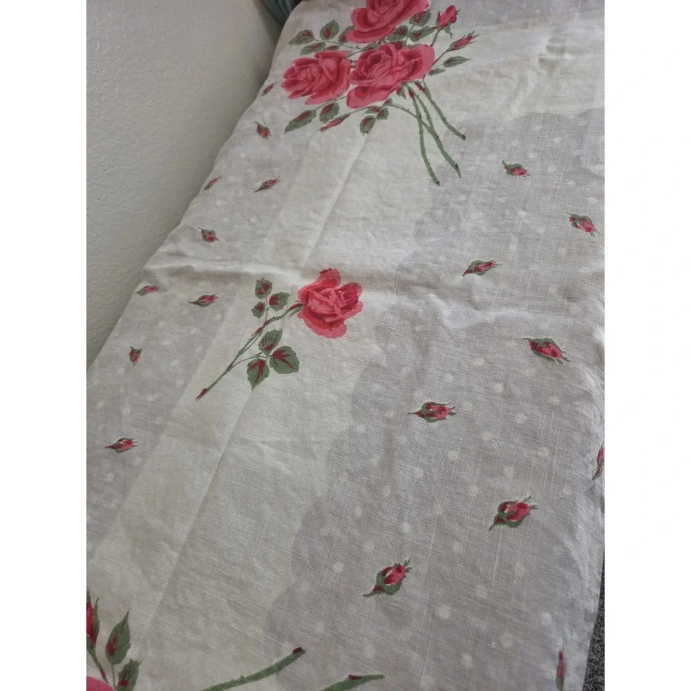 Vtg Floral Linen Tablecloth 46x46 Pink Red Cabbage Roses Polka Dot Small Stain
